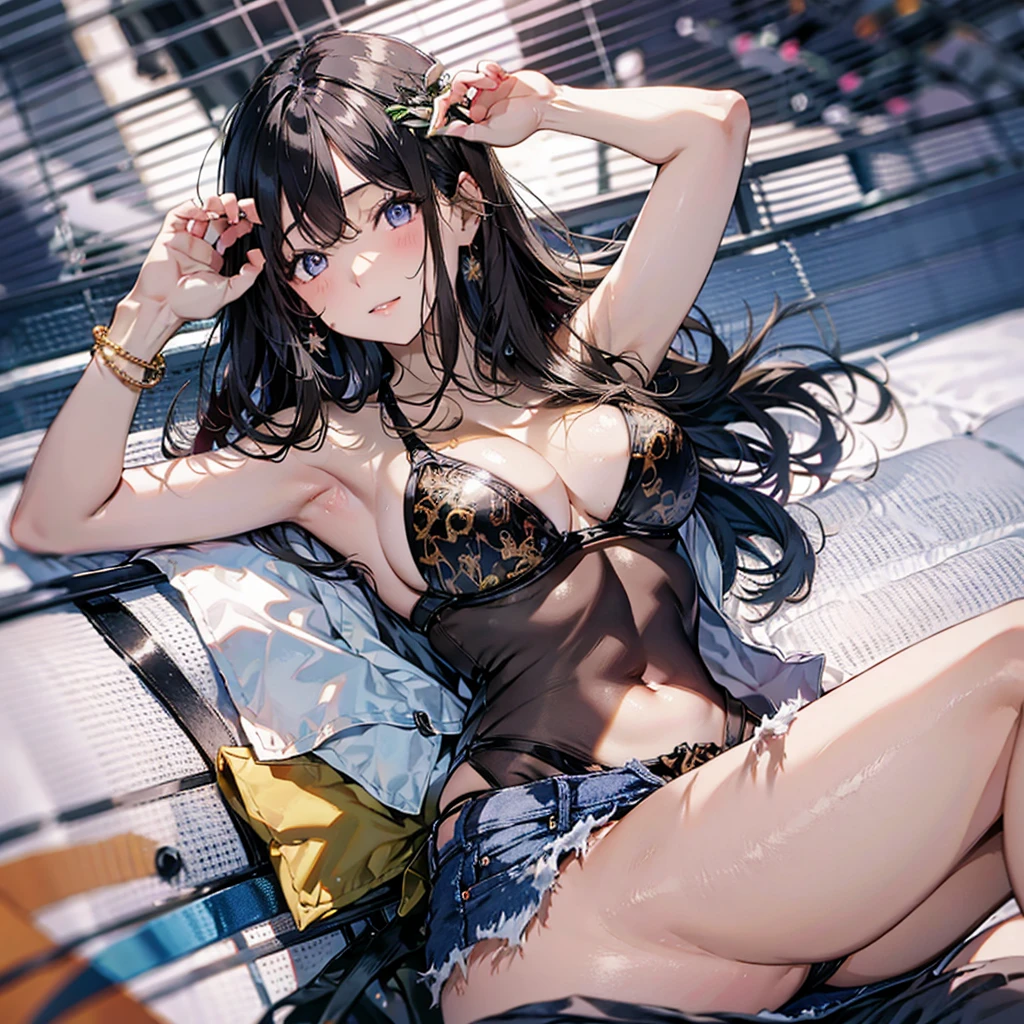(Highest quality, 8k, masterpiece:1.3,beautiful girl), (masterpiece:1.3, Highest quality, Ultra-high resolution, Very detailed),Beautiful body, Beautiful breasts, Beautiful thighs, Beautiful feet, Beautiful fingers, Glowing Skin,(((Long Hair,Black Hair,Beautiful Hair))),(Anatomically correct, Very detailed肌), Perfect Face, Perfect Eyes, ((Perfect Fingers, Five Fingers)), ((Tan marks on bikini)),Healthy Body,((White tube top,Light jacket,Jeans Shorts)),Brown Skin:1.4,Beach,Stretch your arms:1.3