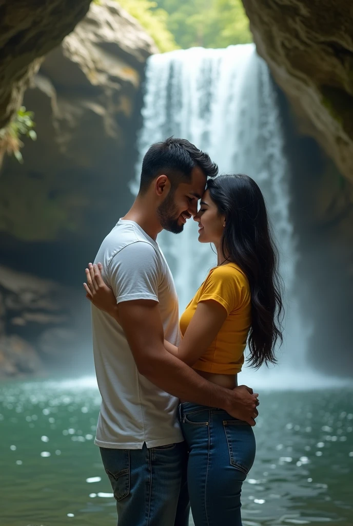 50 year old indian man, black hair, clean shave, wears white tshirt, seating with 20 year old indian girl wear yellow tshirt and jeans behind the waterfall in the cave, both are hugging each other.