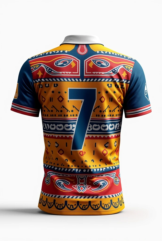 Create rugby jersey maori tribe full pattern yellow red blue white retro round neck collar white background front and back with number at back number 7