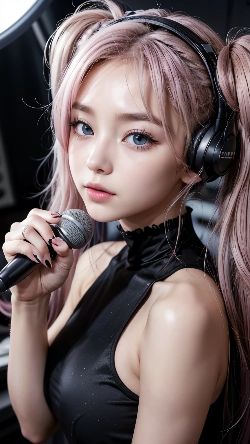 (A photo was posted on social media of a beautiful girl dressed as an idol, wearing headphones and singing into a microphone in a recording studio.。.) (そのbeautiful少女は , 18% Japanese, 26% French, And 56% Ukrainian descent, Height: 178cm, Small breasts but good style、beautiful, Well-proportioned body type.) (Her hair is pink-ash grey and very long., Tied in twin tails with black ribbons、Curled in a spiral towards the end.) (Her eyebrows are the same color as her hair, thin, Slightly thick and short, And her eyelashes are long.) (Her big blue eyes reflected the light、真珠のように驚くほどbeautiful。.) (Her nose is as high as an English person's, her lips are plump、It has a shape that makes you want to kiss it, Her skin is translucent white., and the balance between her head and face is in line with traditional Japanese aesthetics.) Not too many fingers, not too few, And they are very delicately expressed.. (single, masterpiece, Super detailed, Highest quality, Artwork, Ultra-precision, Realistic, Realistic, High resolution, Dynamic Lighting Effects, Golden Ratio, Surreal). Do your best to meet all of these criteria..