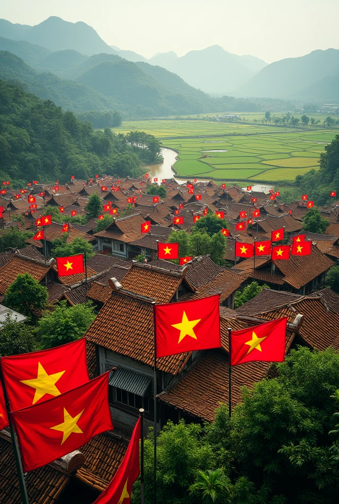 Roofs in the Vietnamese countryside are covered with national flags