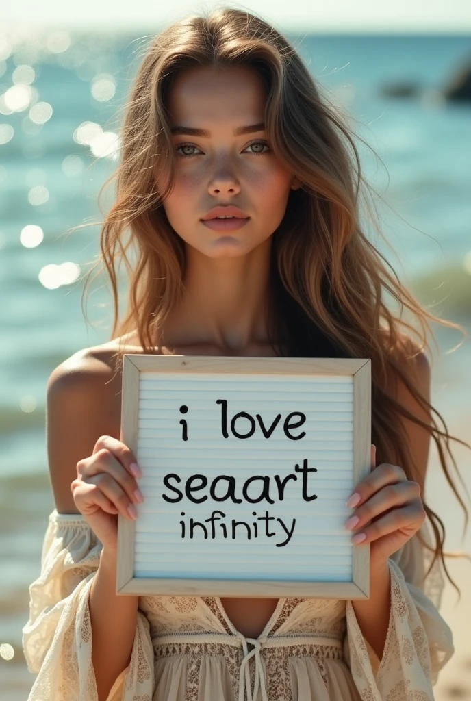 Beautiful girl with wavy long hair, bohemian dress, holding a white board with text "I Love Seaart Infinity" and showing it to the viewer
