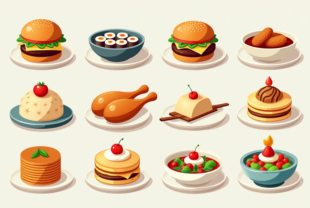 modern style，Flat设计，All kinds of food，Hamburger，sushi，steamed stuffed bun，Fried chicken，pancakes，cake，Salads, etc.，Minimalist style，Non-realistic style，Flat，flat style，Cool colors