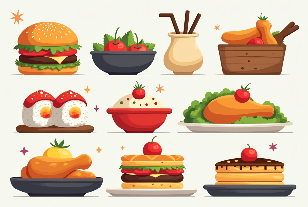 modern style，Flat设计，All kinds of food，Hamburger，sushi，steamed stuffed bun，Fried chicken，pancakes，cake，Salads, etc.，Minimalist style，Non-realistic style，Flat，flat style，Cool colors