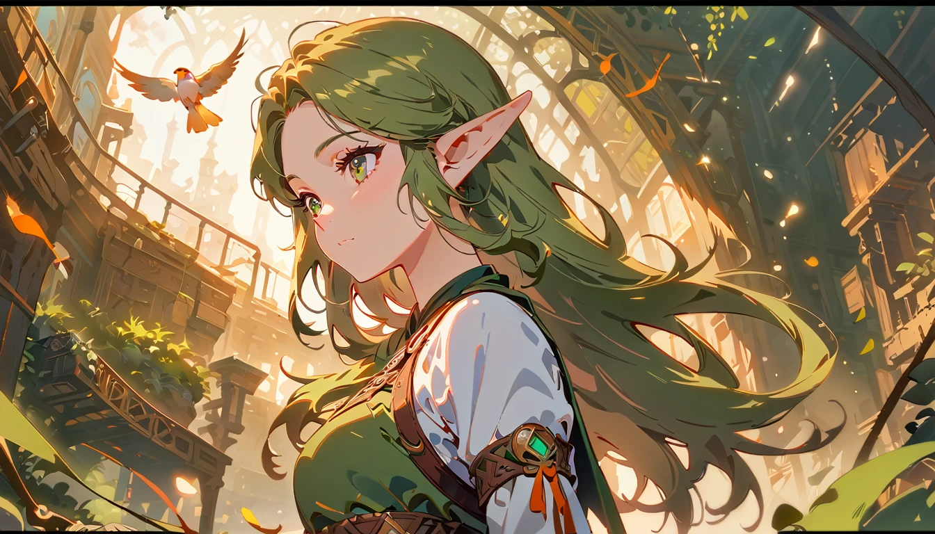 Female Adventurer, whole body, Game Art Style, (masterpiece), best quality, high resolution, 4K, 8k, More details, intricate details, movie lights, amazing quality, 1 girl, bird、bard,elf ears、olive green long hair, Excellent Shading, soft lighting, perfect eyes


