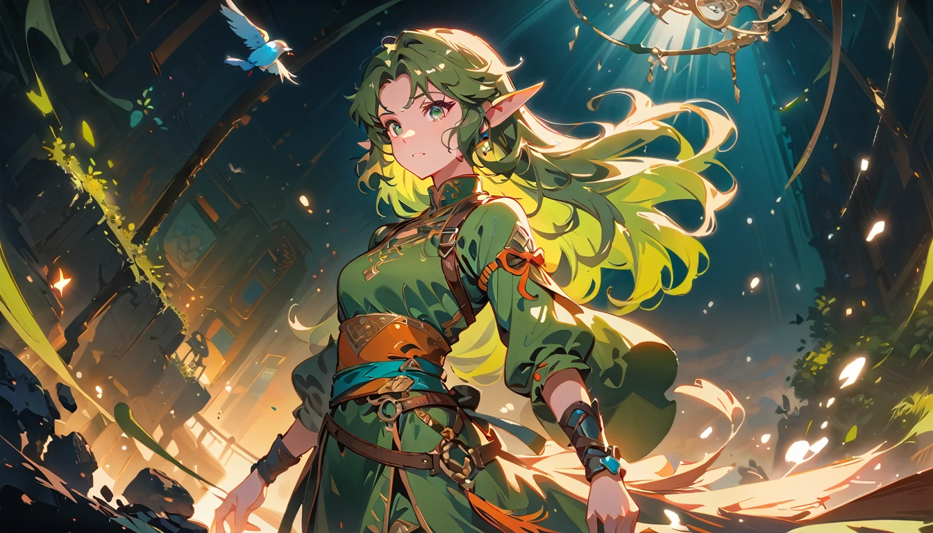 Female Adventurer, whole body, Game Art Style, (masterpiece), best quality, high resolution, 4K, 8k, More details, intricate details, movie lights, amazing quality, 1 girl, bird、bard,elf ears、olive green long hair, Excellent Shading, soft lighting, perfect eyes


