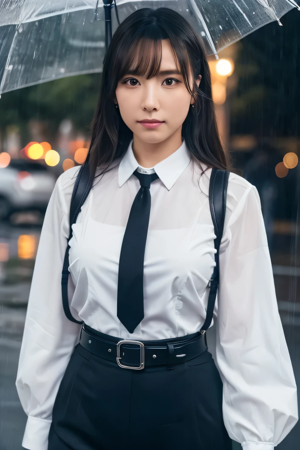 a woman in a suit, belt, hands behind back, sweating, suspenders, black pants, sexy, large breasts, see-through clothing, rain, heavy rain, detective, office worker, white button-up shirt, (best quality,4k,8k,highres,masterpiece:1.2),ultra-detailed,(realistic,photorealistic,photo-realistic:1.37),hyper-detailed,highly detailed face and body, スレンダー　細い　サスペンダー　大きい胸　透けたシャツ　