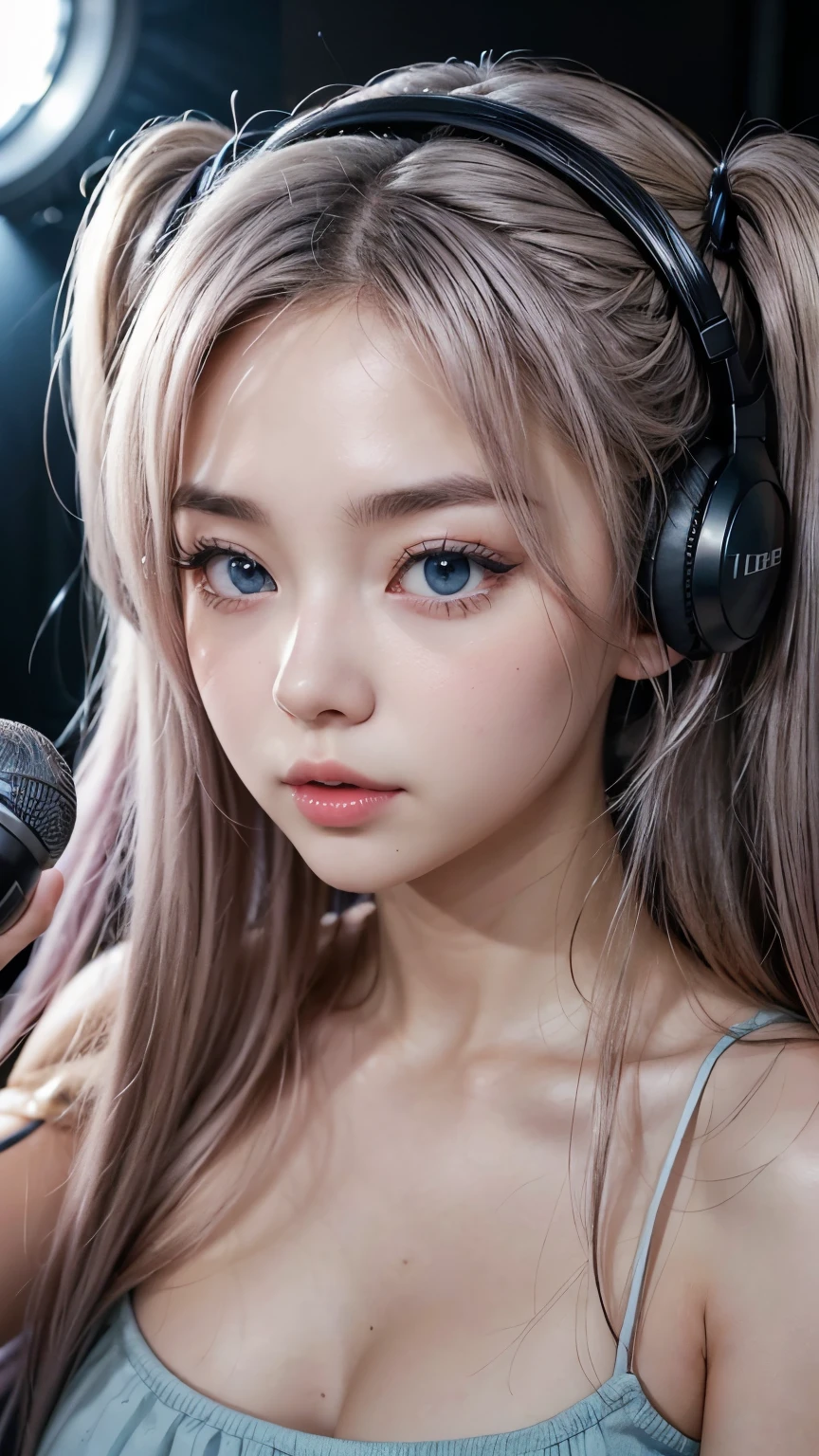 (A photo was posted on social media of a beautiful girl dressed as an idol, wearing headphones and singing into a microphone in a recording studio.。.) (そのbeautiful少女は , 18% Japanese, 26% French, And 56% Ukrainian descent, Height: 178cm, Small breasts but good style、beautiful, Well-proportioned body type.) (Her hair is pink-ash grey and very long., Tied in twin tails with black ribbons、Curled in a spiral towards the end.) (Her eyebrows are the same color as her hair, thin, Slightly thick and short, And her eyelashes are long.) (Her big blue eyes reflected the light、真珠のように驚くほどbeautiful。.) (Her nose is as high as an English person's, her lips are plump、It has a shape that makes you want to kiss it, Her skin is translucent white., and the balance between her head and face is in line with traditional Japanese aesthetics.) Not too many fingers, not too few, And they are very delicately expressed.. (single, masterpiece, Super detailed, Highest quality, Artwork, Ultra-precision, Realistic, Realistic, High resolution, Dynamic Lighting Effects, Golden Ratio, Surreal). Do your best to meet all of these criteria..
