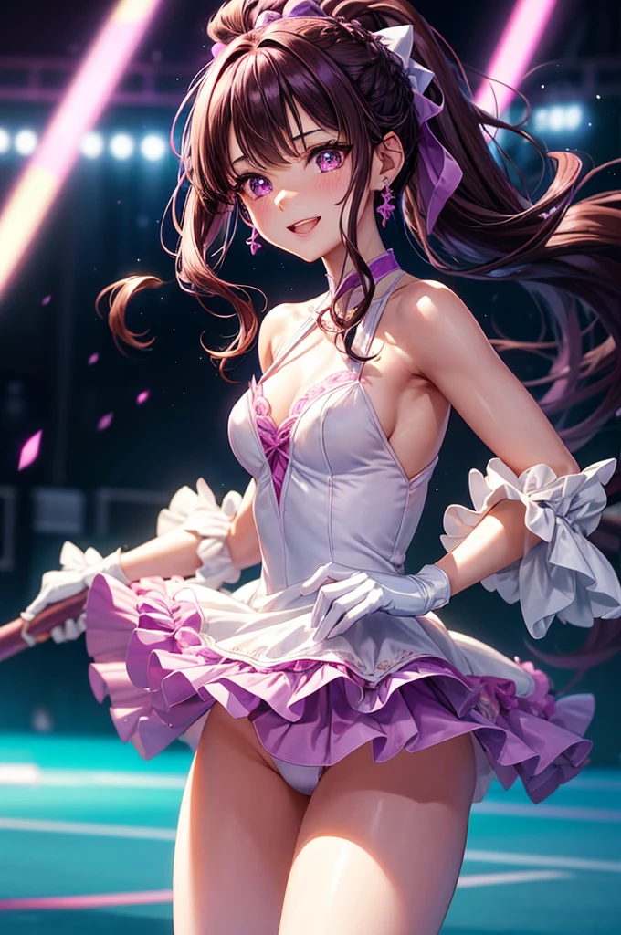 A beautiful girl in a purple dress holding a stick on a skating rink, anime girl, purple skating dress, (Figure skating purple dress costume woman), Slender Line, Looks like a model, Skating Rink, Photo 1 seen from below:1, pink panties, short white gloves, white stockings, big rounds breasts, dark brown hair, long bangs, long hair, ponytail, wavy hair, shiny hair, french braid, magenta hair ribbon, hair butterfly, jewelry, aqua eyes, glowing eyes, pupils sparkling, earrings, smile, blush, red lips, glossy lips, upper teeth, high detail, anime, anime style, cinematic lighting, dithering, image fill, character chart, multiple views, cinematic lighting, vanishing point, perspective, panorama, Wide-Angle, f/1.8, 85mm, Nikon, 8k, super detail, UHD, retina, masterpiece, accurate, anatomically correct, textured skin, high details, best quality, highres, 16k
