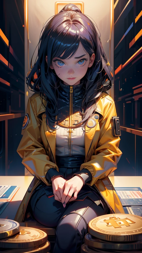 a close up of a girl in a suit sitting at a table with stacks of bitcoins, 🚀🚀🚀, bitcoin evil, crypto, cryptocurrency, crypto valut, cryptocurrency in the background, satoshi, giant crypto vault, youtube thumbnail, 🔞🤡, typical cryptocurrency nerd, cg art, 🚀🌈🤩, daoshi, 32k, 3 2k