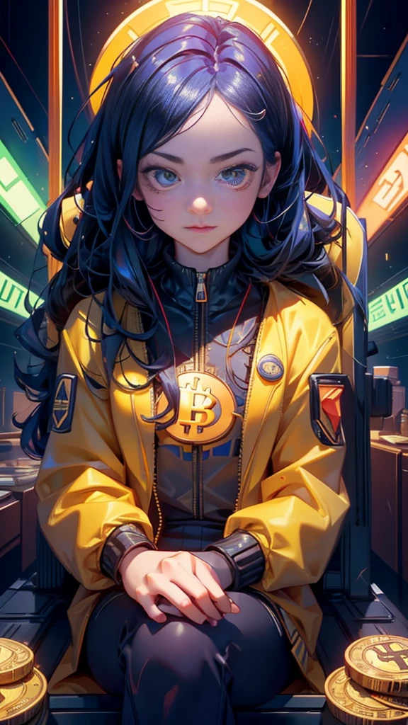 a close up of a girl in a suit sitting at a table with stacks of bitcoins, 🚀🚀🚀, bitcoin evil, crypto, cryptocurrency, crypto valut, cryptocurrency in the background, satoshi, giant crypto vault, youtube thumbnail, 🔞🤡, typical cryptocurrency nerd, cg art, 🚀🌈🤩, daoshi, 32k, 3 2k