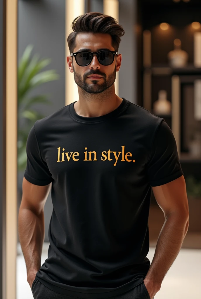 Man wearing t-shirts luxury brand name me show tag line live in style