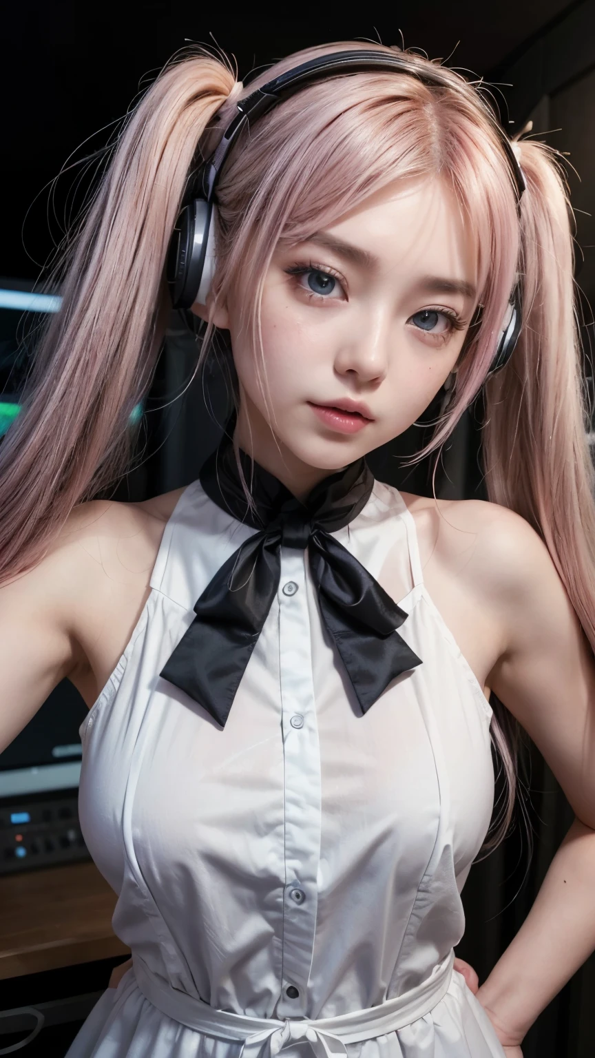 (A photo was posted on social media of a beautiful girl dressed as an idol, wearing headphones and singing into a microphone in a recording studio.。.) (そのbeautiful少女は , 18% Japanese, 26% French, And 56% Ukrainian descent, Height: 178cm, Small breasts but good style、beautiful, Well-proportioned body type.) (Her hair is pink-ash grey and very long., Tied in twin tails with black ribbons、Curled in a spiral towards the end.) (Her eyebrows are the same color as her hair, thin, Slightly thick and short, And her eyelashes are long.) (Her big blue eyes reflected the light、真珠のように驚くほどbeautiful。.) (Her nose is as high as an English person's, her lips are plump、It has a shape that makes you want to kiss it, Her skin is translucent white., and the balance between her head and face is in line with traditional Japanese aesthetics.) Not too many fingers, not too few, And they are very delicately expressed.. (single, masterpiece, Super detailed, Highest quality, Artwork, Ultra-precision, Realistic, Realistic, High resolution, Dynamic Lighting Effects, Golden Ratio, Surreal). Do your best to meet all of these criteria..