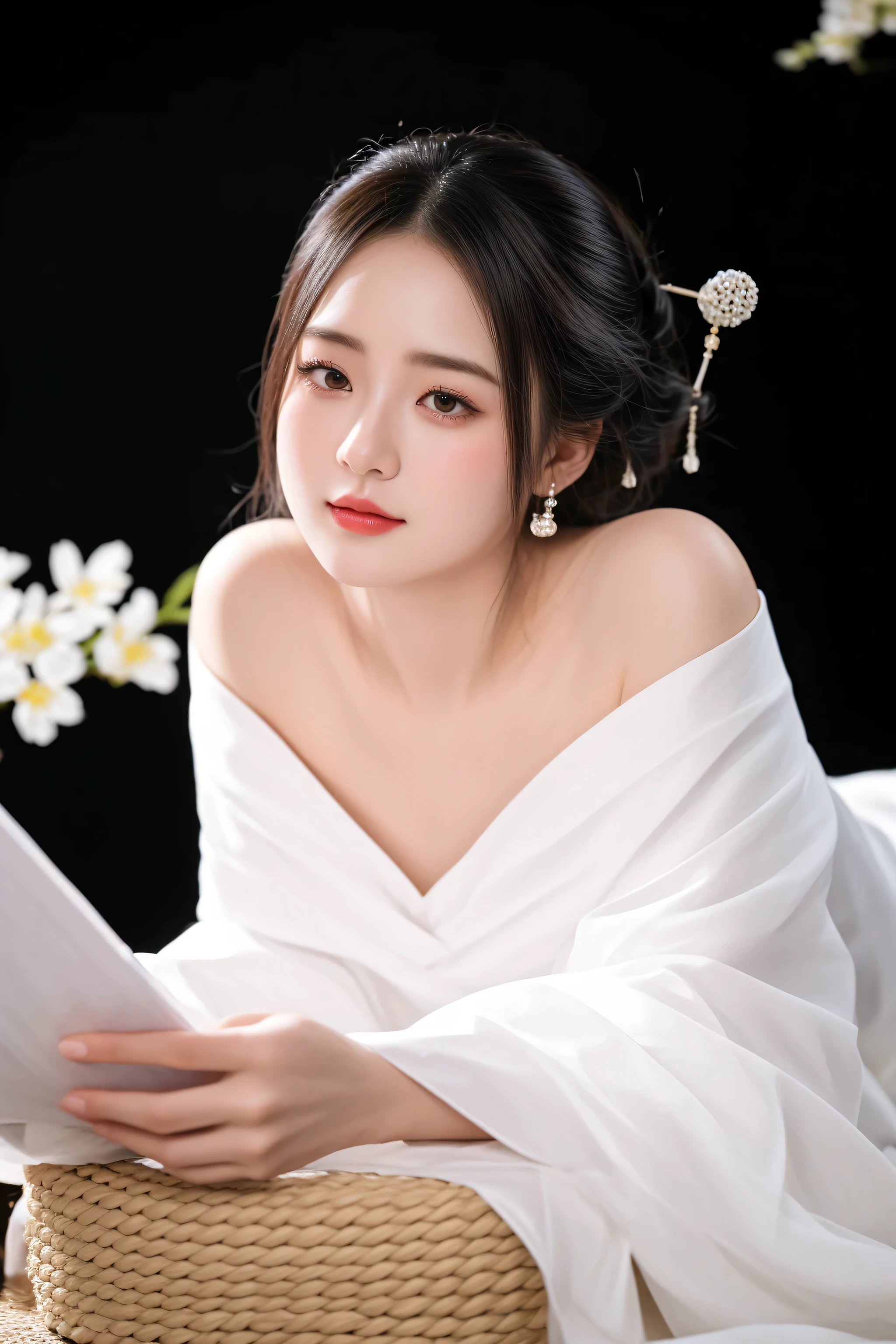 arafed woman in a white dress reading a book, white hanfu, palace ， a girl in hanfu, hanfu, 中 元 节, gorgeous chinese model, traditional beauty, chinese style, chinese girl, a beautiful woman in white, traditional chinese, with acient chinese clothes, style of guo hua, wearing ancient chinese clothes