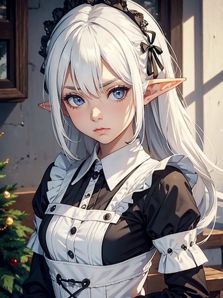 female, elf, maid, old, white hair, stern face, winkles