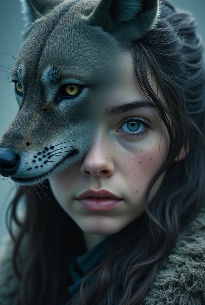 Arya stark hyper realistic close up and nymeria is ober her face but at the same time is like a superposition one of the wolf eye at the same level of arya's. The face of the wolf is 3 quarters profile so is looking in a different direction to arya but is still over her face from our perspective. The wolf's head is bigger than hers
