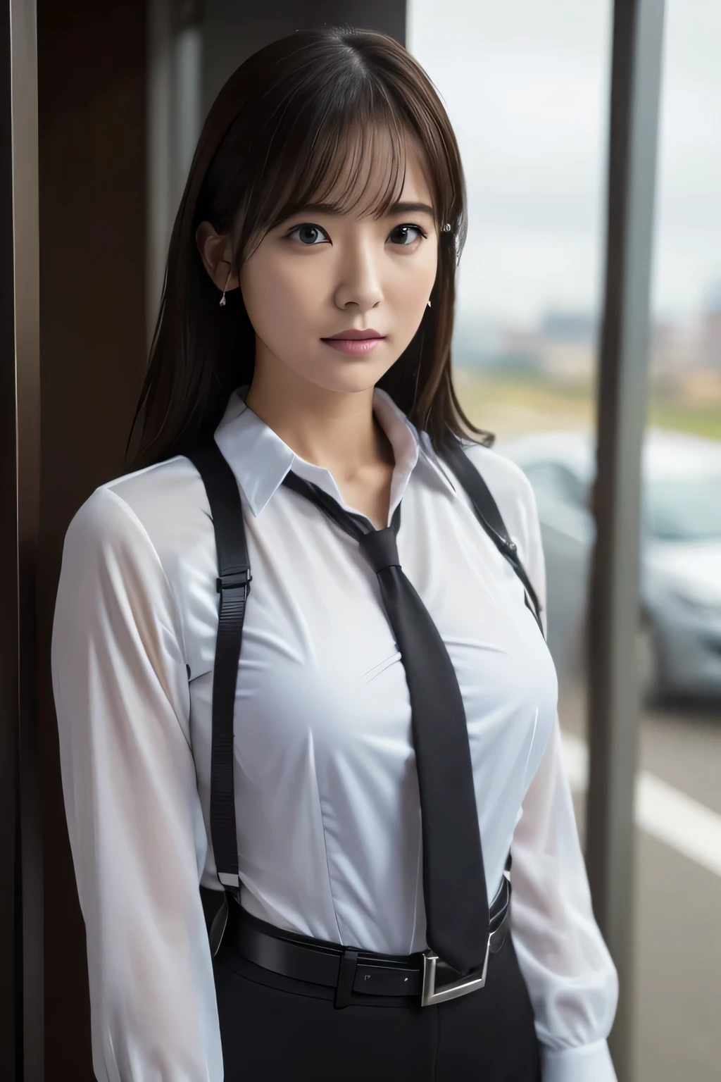 a woman in a suit, belt, hands behind back, sweating, suspenders, black pants, sexy, large breasts, see-through clothing, rain, heavy rain, detective, office worker, white button-up shirt, (best quality,4k,8k,highres,masterpiece:1.2),ultra-detailed,(realistic,photorealistic,photo-realistic:1.37),hyper-detailed,highly detailed face and body, スレンダー 細い サスペンダー 大きい胸 透けたシャツ