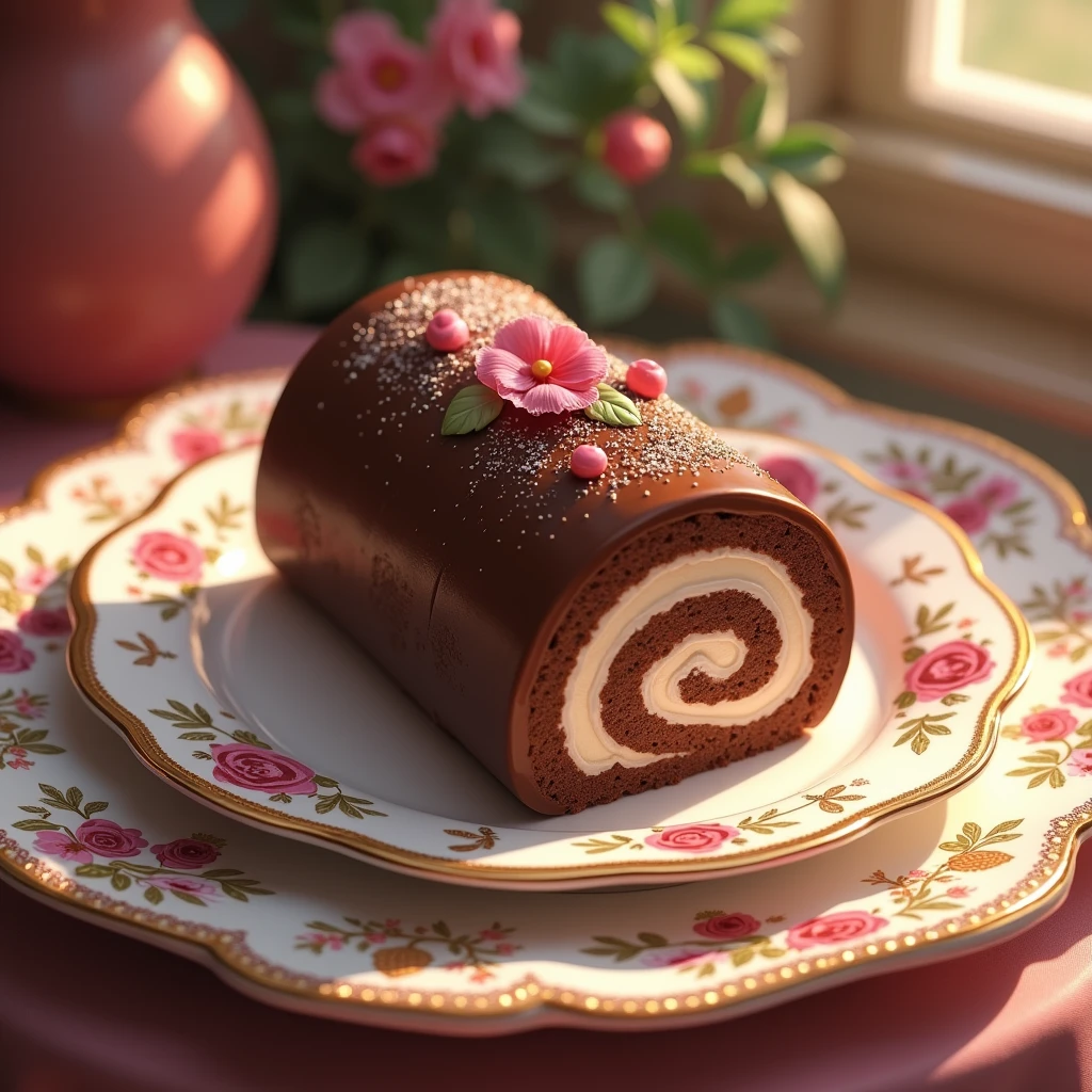 table,Plate,Delicious chocolate cake roll,Disney style