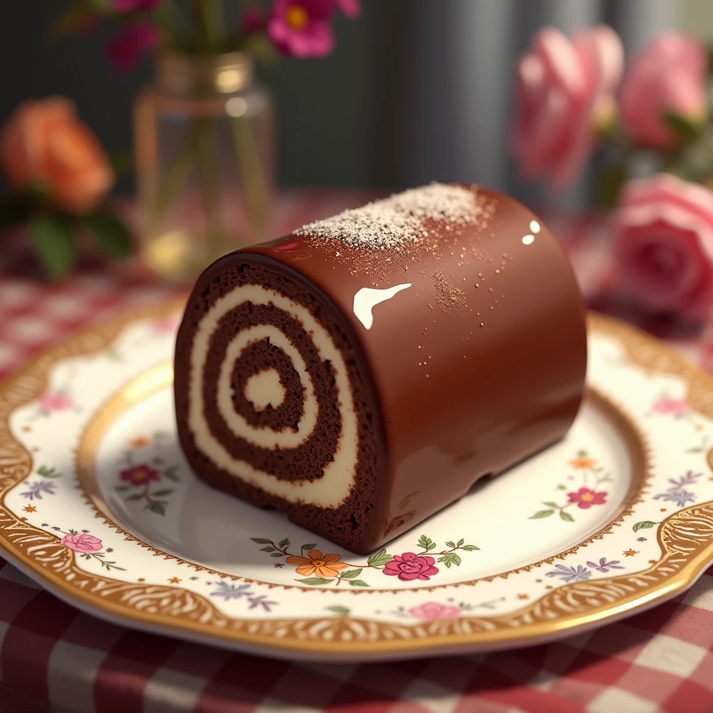 table,Plate,Delicious chocolate cake roll,Disney style