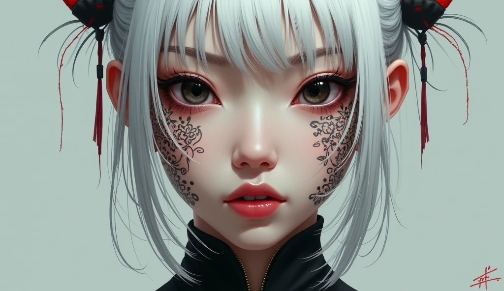 Asían girl with tattoos, white hair and BLACK eyes