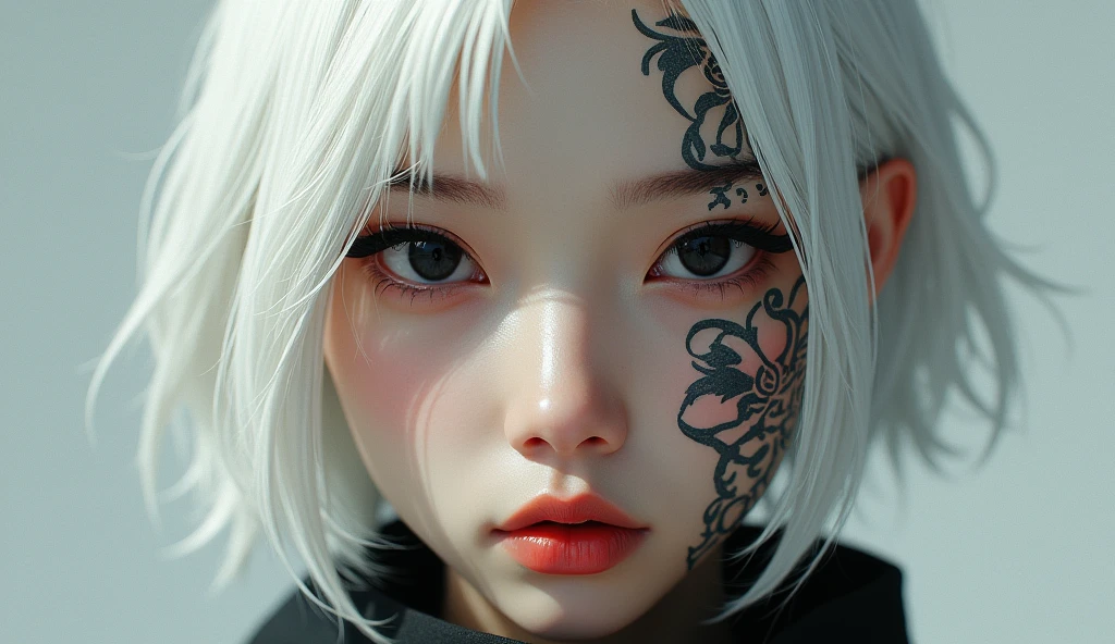 Asían girl with tattoos, white hair and BLACK eyes