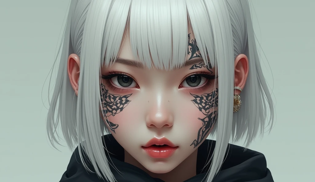 Asían girl with tattoos, white hair and BLACK eyes