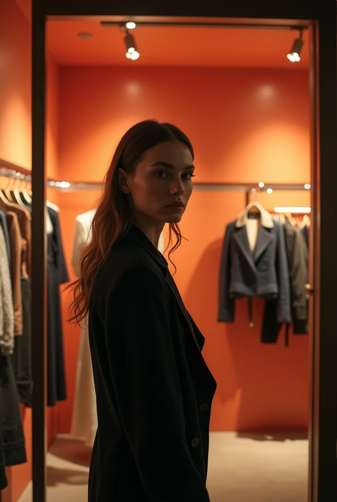 colored photography (German woman:1.3), chic, (store stock:1.3), at night, flat lighting, (Smooth Saturation:1.2), analog style,