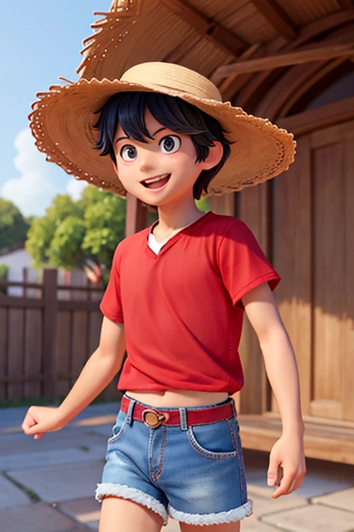 male、１６age、Straw hat、Red Shirt、No sleeves、The chest is open、denim shorts、A cheerful smile、Black Hair、