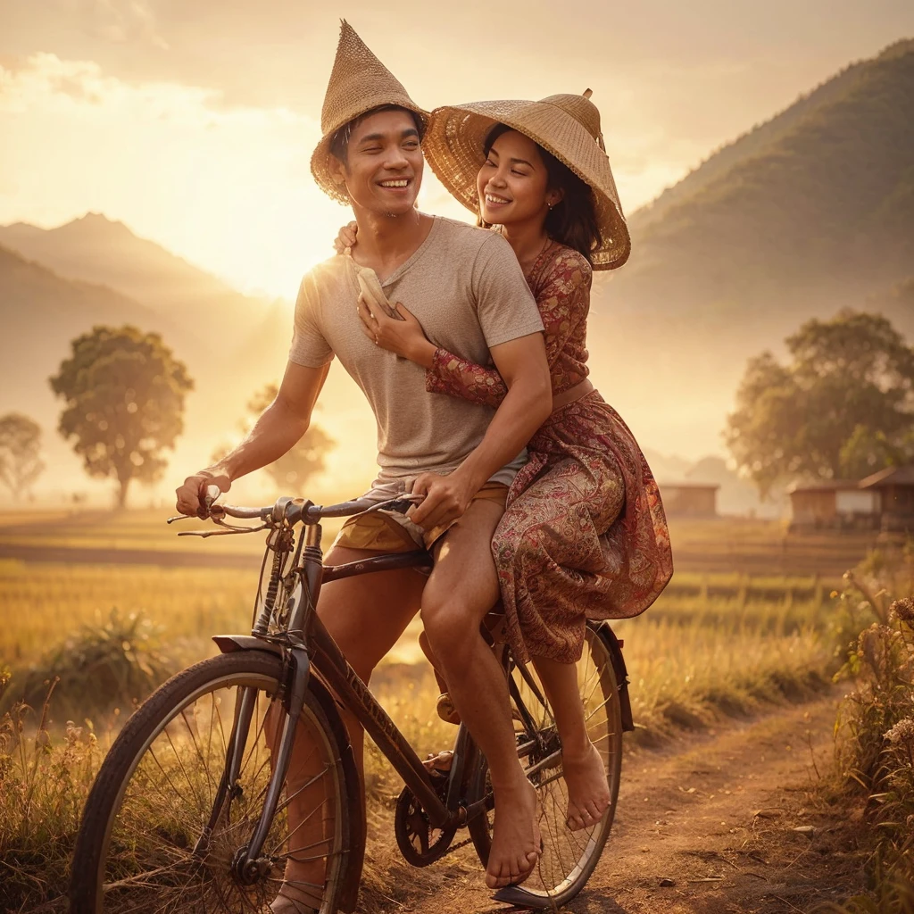 Charming and bright realistic photos that transport you to the serene Indonesian countryside. In the foreground, a husband and his young wife ride an old bicycle, the husband wearing a silver T-shirt, brown shorts, and a cone-shaped hat, and the wife wearing a worn red kebaya, dirty sarong, and a bright smile as she is carried on a ride. her husband behind. The backdrop features mountains and trees, with golden afternoon sunlight bathing the scene in a warm and inviting light. Cute brown ducks foraging in the rice fields add a touch of liveliness to the picturesque setting. Visible brushstrokes give the painting an authentic charm, encapsulating the essence of family ties and a peaceful rural setting., photography
