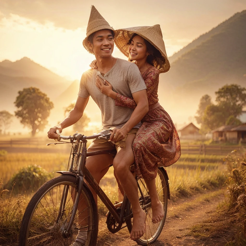 Charming and bright realistic photos that transport you to the serene Indonesian countryside. In the foreground, a husband and his young wife ride an old bicycle, the husband wearing a silver T-shirt, brown shorts, and a cone-shaped hat, and the wife wearing a worn red kebaya, dirty sarong, and a bright smile as she is carried on a ride. her husband behind. The backdrop features mountains and trees, with golden afternoon sunlight bathing the scene in a warm and inviting light. Cute brown ducks foraging in the rice fields add a touch of liveliness to the picturesque setting. Visible brushstrokes give the painting an authentic charm, encapsulating the essence of family ties and a peaceful rural setting., photography