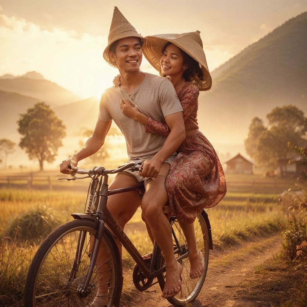Charming and bright realistic photos that transport you to the serene Indonesian countryside. In the foreground, a husband and his young wife ride an old bicycle, the husband wearing a silver T-shirt, brown shorts, and a cone-shaped hat, and the wife wearing a worn red kebaya, dirty sarong, and a bright smile as she is carried on a ride. her husband behind. The backdrop features mountains and trees, with golden afternoon sunlight bathing the scene in a warm and inviting light. Cute brown ducks foraging in the rice fields add a touch of liveliness to the picturesque setting. Visible brushstrokes give the painting an authentic charm, encapsulating the essence of family ties and a peaceful rural setting., photography
