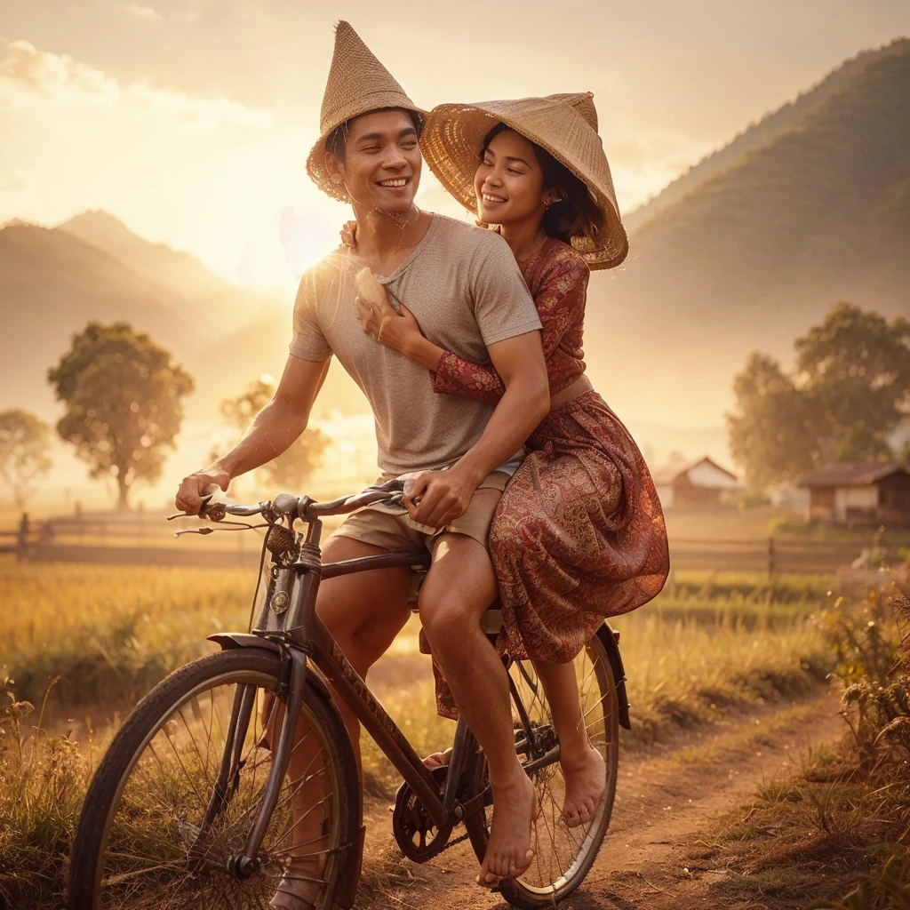 Charming and bright realistic photos that transport you to the serene Indonesian countryside. In the foreground, a husband and his young wife ride an old bicycle, the husband wearing a silver T-shirt, brown shorts, and a cone-shaped hat, and the wife wearing a worn red kebaya, dirty sarong, and a bright smile as she is carried on a ride. her husband behind. The backdrop features mountains and trees, with golden afternoon sunlight bathing the scene in a warm and inviting light. Cute brown ducks foraging in the rice fields add a touch of liveliness to the picturesque setting. Visible brushstrokes give the painting an authentic charm, encapsulating the essence of family ties and a peaceful rural setting., photography