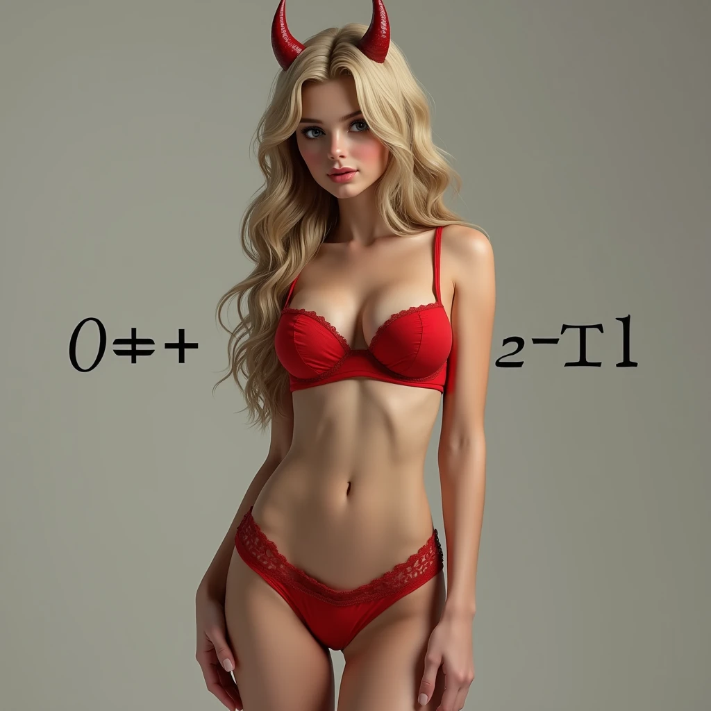 stwórz rebus: "6 + 9 = ?", niech na tym obrazku będzie kobieta skąpo ubrana w czerwoną bielizne, ma być bardzo realistyczna, 4k, 8k, blond włosy, młoda 20 latka, dodaj jej rogi diabełka