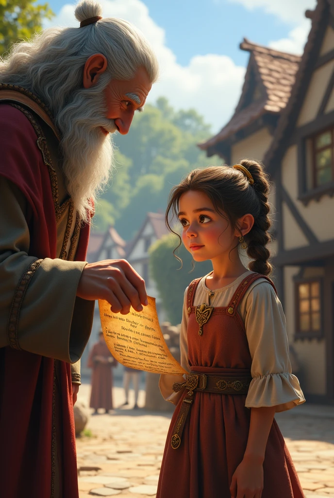 A young, curious girl named Elara stands in a quaint village square in the medieval countryside. She is looking at an old man with a trembling hand holding out a mysterious parchment. The parchment is written in an ancient, unknown script, and there is a glint of curiosity in Elara’s eyes