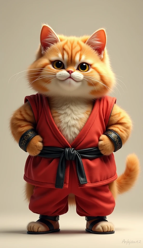 Photorealistic, 64K, A cute fat cat wearing a [street fighter costume], standing up,
