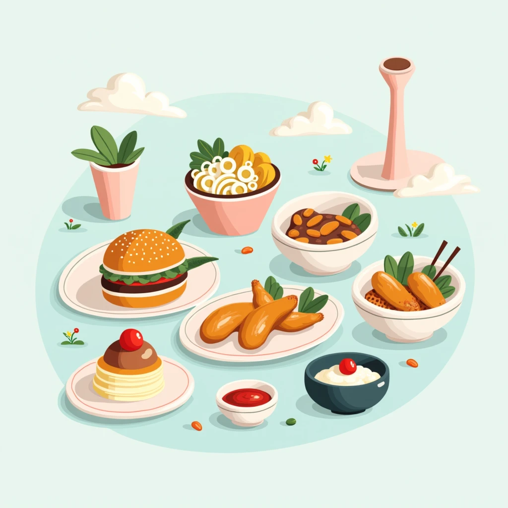 modern style，Flat设计，All kinds of food，Hamburger，sushi，steamed stuffed bun，Fried chicken，pancakes，cake，Hand-Pulled Noodle，Salads, etc.，Minimalist style，Non-realistic style，Flat，flat style，Cool colors