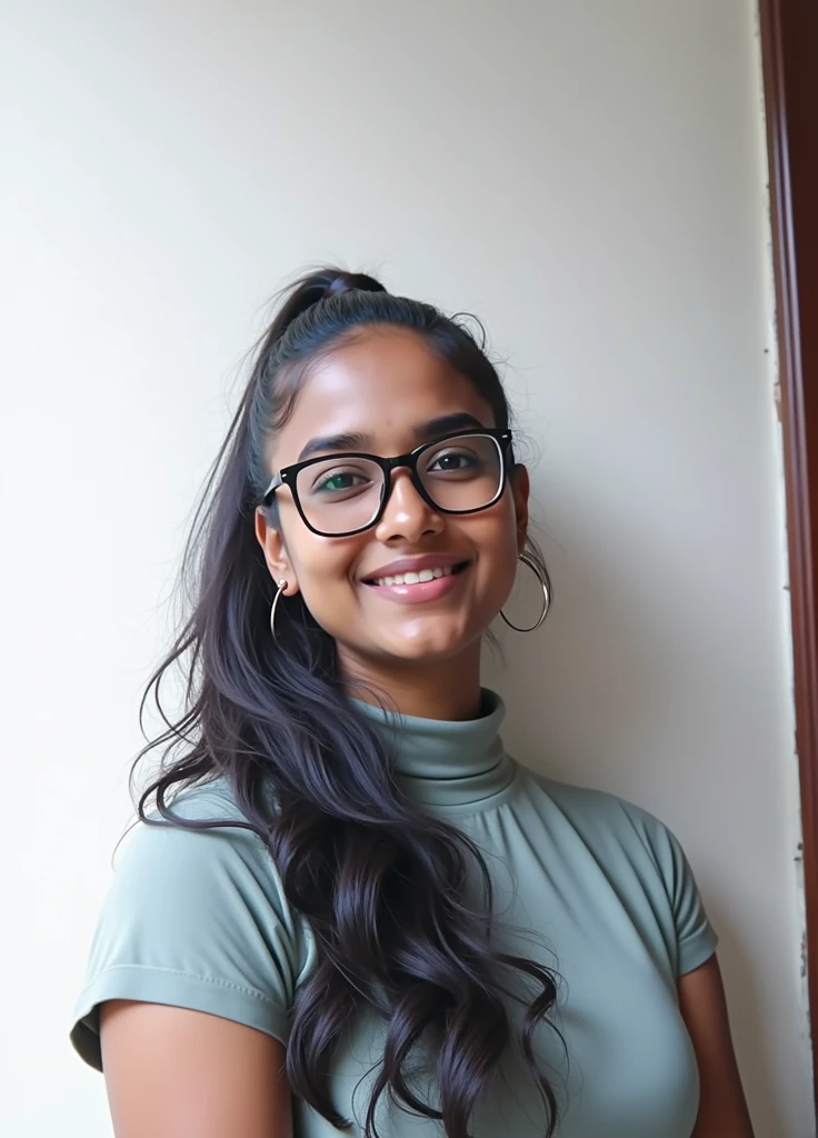indian 23 years old women, Dark Brown skintone, almond eyes, simple glasses, High ponytail, sage high neck shirt, simple spectacles, Arched sharp eyebrows, simple upside down smile with mouth corner dimples, photorealistic, potrait 