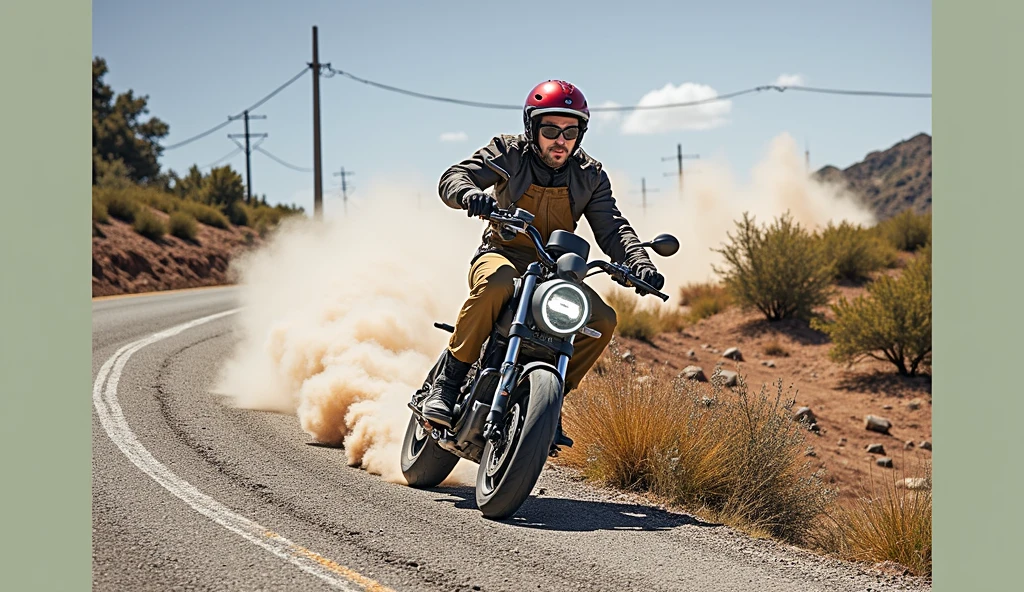 34-year-old man riding an electric motorcycle, On the road at any time,Side view, Rear wheel blasts sand and dust, Dusty atmosphere,full-body shot,Vision,Depth of field lens,Dynamic poses,8k Ultra Detail,high quality,Fresh colors,adventure