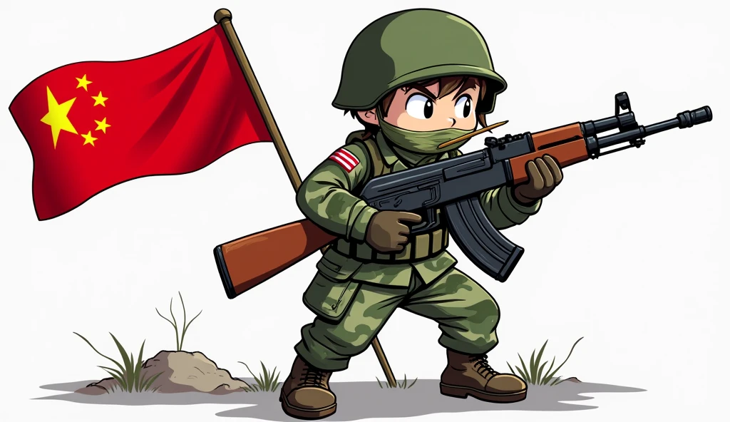 (The background is transparent)(There is a complete one)(On the left is the five-star red flag) (A cartoon character in camouflage military uniform holding an AK47 submachine gun in his right hand,Camouflage on the face，Holding a reed in his mouth)(slogan:"If there is a war,Must return when summoned!",The font must be strong and powerful)(The whole picture looks very loving.)