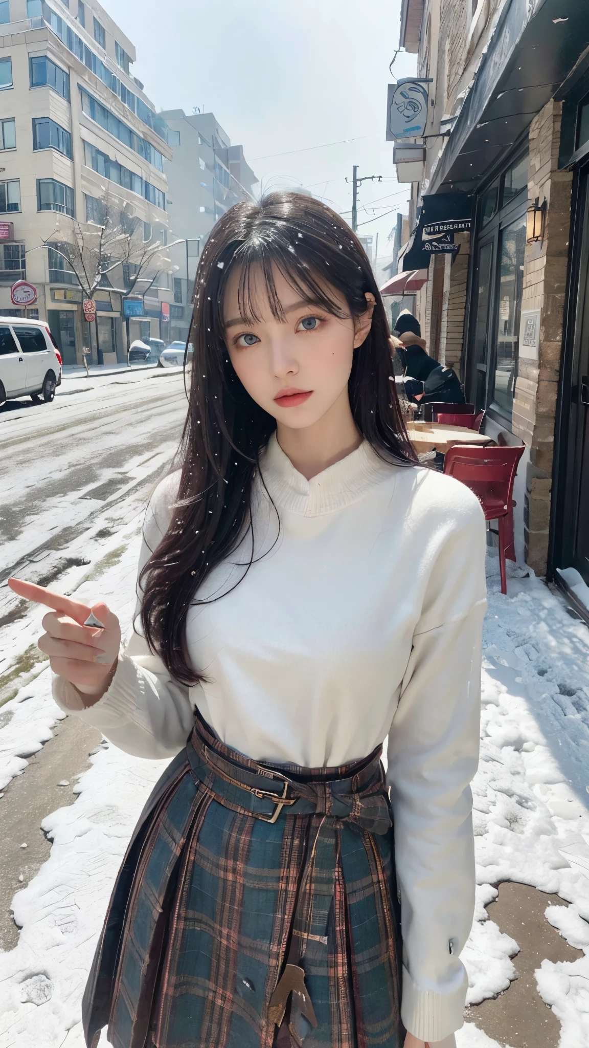 (otherworldly), highly insanely detailed, masterpiece, top quality, best quality, highres, 4k, 8k, RAW photo, (very aesthetic, beautiful and aesthetic), EclipseNightmareBunny,eclipse_(brown_dust_2),brown_dust_2,brown_dust,very long hair, purple  hair, blue eyes,colored inner hair,black hair,standing by the walls of the cafe, table on the street, book lying on the table,shadow,floating,flying, (1girl:1.3), beautiful blue eyes, medium breasts, red skirt, powerful legs  , chain at the waist, car, solo focus, winter,(snowylandscape,snowflake,city snowy street view:1.2),lightning glare,floating cloud,fog,foggy,