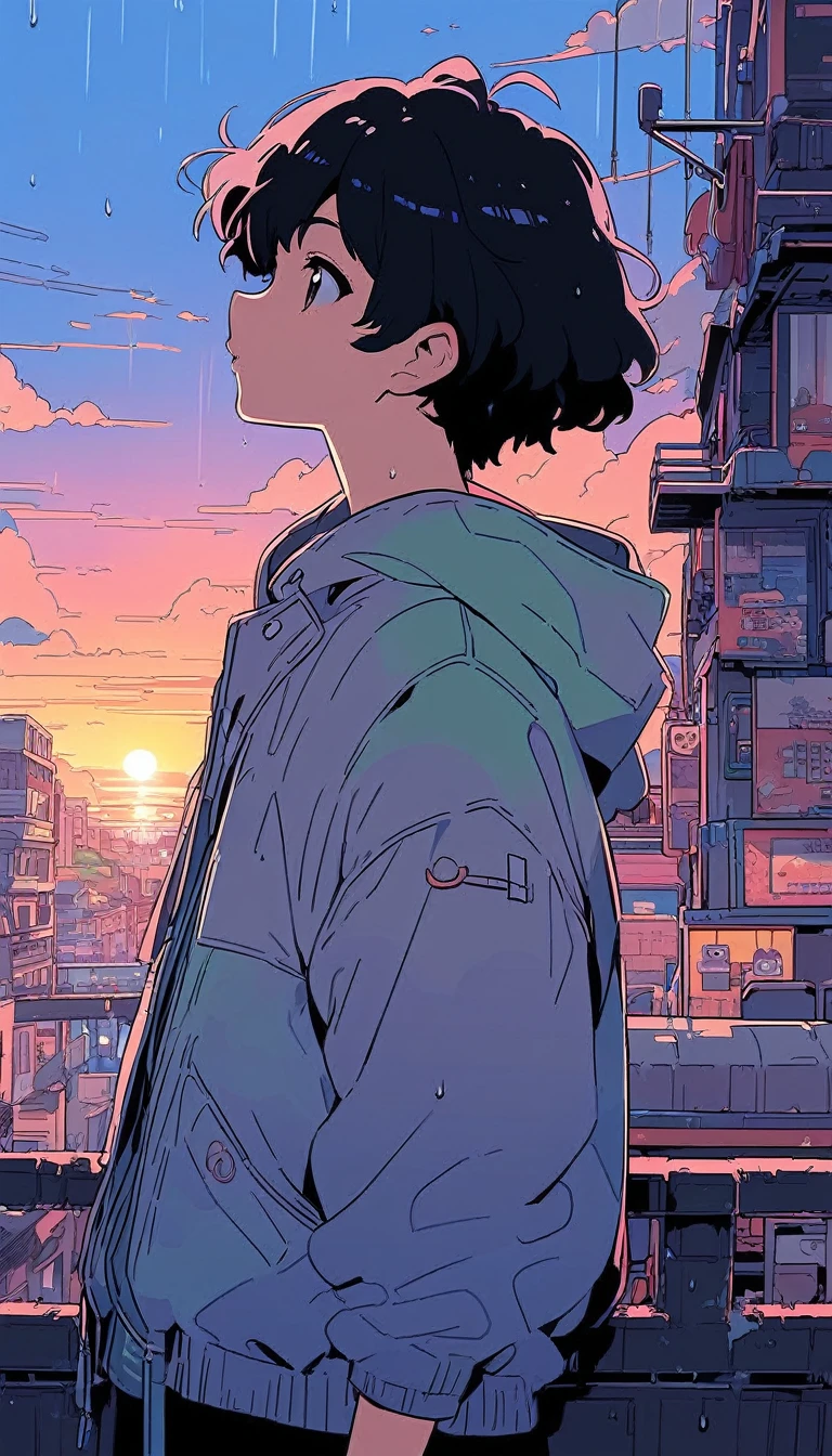 (extremely detailed CG unity 8k wallpaper), (best quality), (best illustration), (best shadow), masterpiece, best quality, lofi artstyle, lofi art, city, town, 80s anime style, Retro, Lo-Fi, 1boy, black hair, cloud, from side, hood, jacket, male focus, messy hair, outdoors, profile, rain, short hair, sky, solo, sunset, upper body