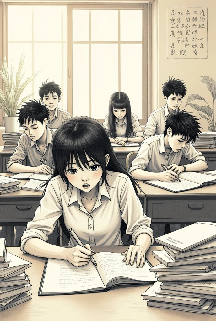 A comic scene of students studying in a classroom, detailed pencil sketch, students sitting at desks, focused expressions, scattered books and stationery, dynamic poses, warm lighting, intricate background details, minimalist color palette, high contrast, manga-inspired art style