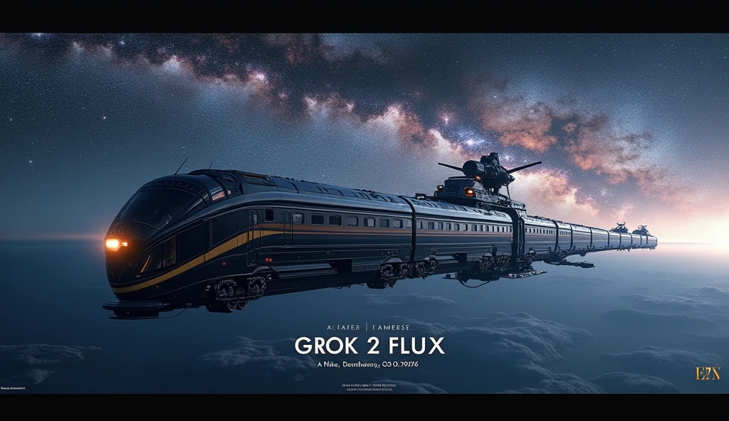 A Hollywood movie poster, text at themiddle says "GROK 2 FLUX" ,Train-shaped spaceship,10-car train,(Beautiful aircraft:2.0),(The background is outer space and the Milky Way:1.6),masterpiece,Highest quality,Ultra-high resolution,(Super detailed),8k,Realistic,Best aesthetics,beautiful,(dynamic)