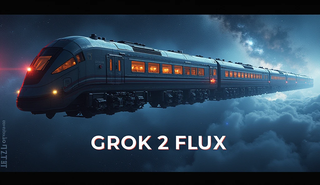 A Hollywood movie poster, text at themiddle says "GROK 2 FLUX" ,Train-shaped spaceship,10-car train,(Beautiful aircraft:2.0),(The background is outer space and the Milky Way:1.6),masterpiece,Highest quality,Ultra-high resolution,(Super detailed),8k,Realistic,Best aesthetics,beautiful,(dynamic)