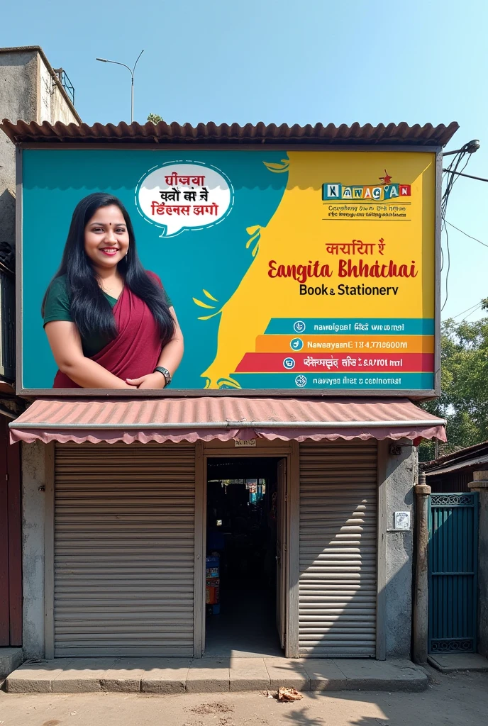 Create hoarding Board for my book shop name: Nawagyan Book and Stationery
Contact: 9847474566
With blue, yellow and white background 
Include properiter name Sangita Bhattarai
Don't use other language only English language and don't show shop
