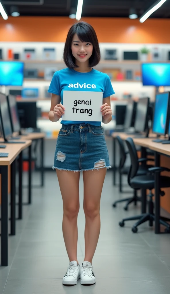Beautiful Thai girl, short hair, wearing a blue t-shirt printed with the word "ADVICE", wearing a short jeans skirt, wearing white sneakers, (((standing holding a sign "GENAI TRANG")))., in a computer store. Tablet, (((full body))). สมส่วน,