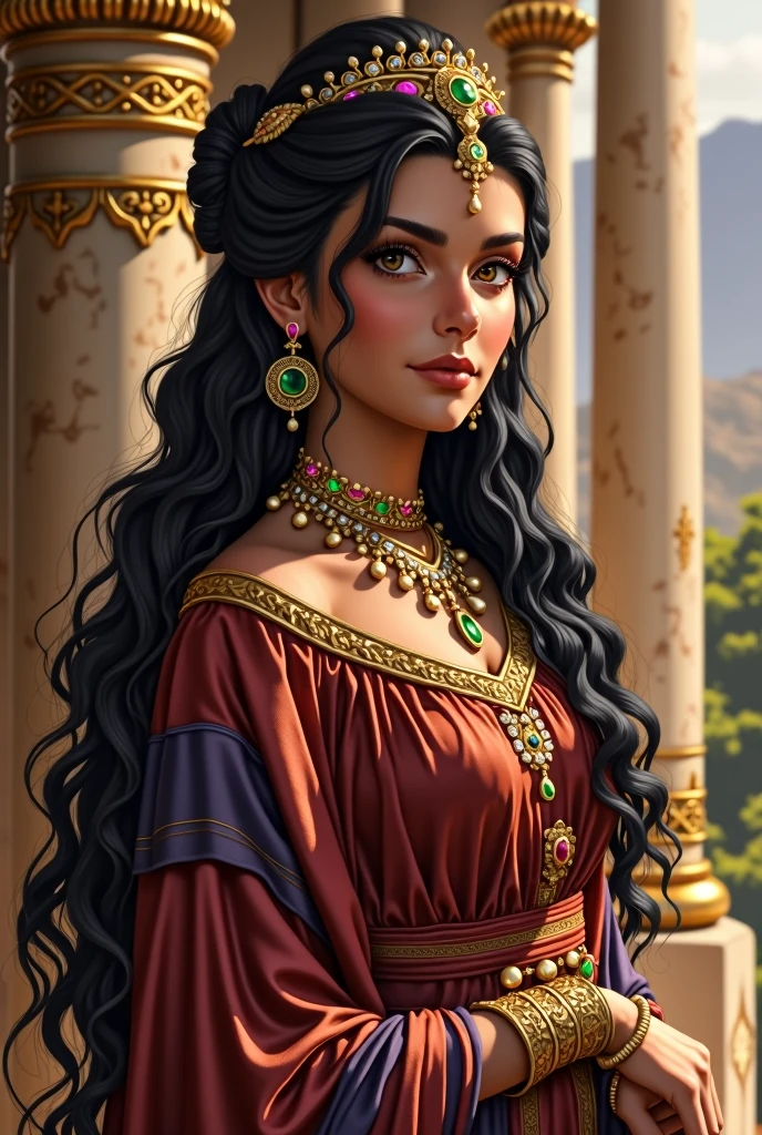 "Create a detailed portrait of Roxana, the ancient Bactrian princess, with an oval-shaped face and smooth, warm olive-toned skin. She has large, almond-shaped dark brown eyes with thick, naturally arched eyebrows, and a hint of kohl around her eyes for added emphasis. Her lips are full, with a natural pinkish hue, and her expression is gentle and regal.
Her long, wavy black hair flows gracefully down her back or is styled in a sophisticated updo, adorned with delicate gold ornaments or a jeweled headpiece. She wears a luxurious Bactrian gown made of silk in deep royal blue or crimson red, richly embroidered with intricate gold patterns. The gown has long sleeves and a flowing skirt, with a light veil draped over her shoulders.
Roxana is adorned with opulent gold jewelry, including a tiara with precious gemstones, large earrings, a multi-layered necklace with emeralds and rubies, and several gold bangles on her wrists. A delicate, ornate belt cinches her waist, emphasizing the elegance of her attire.
The background should reflect the luxurious setting of an ancient Bactrian palace, with intricate Persian-inspired patterns, marble columns, and lush tapestries. Alternatively, she could be depicted outdoors with the majestic mountains or fertile valleys of Bactria in the background, bathed in the soft, warm light of the setting sun."