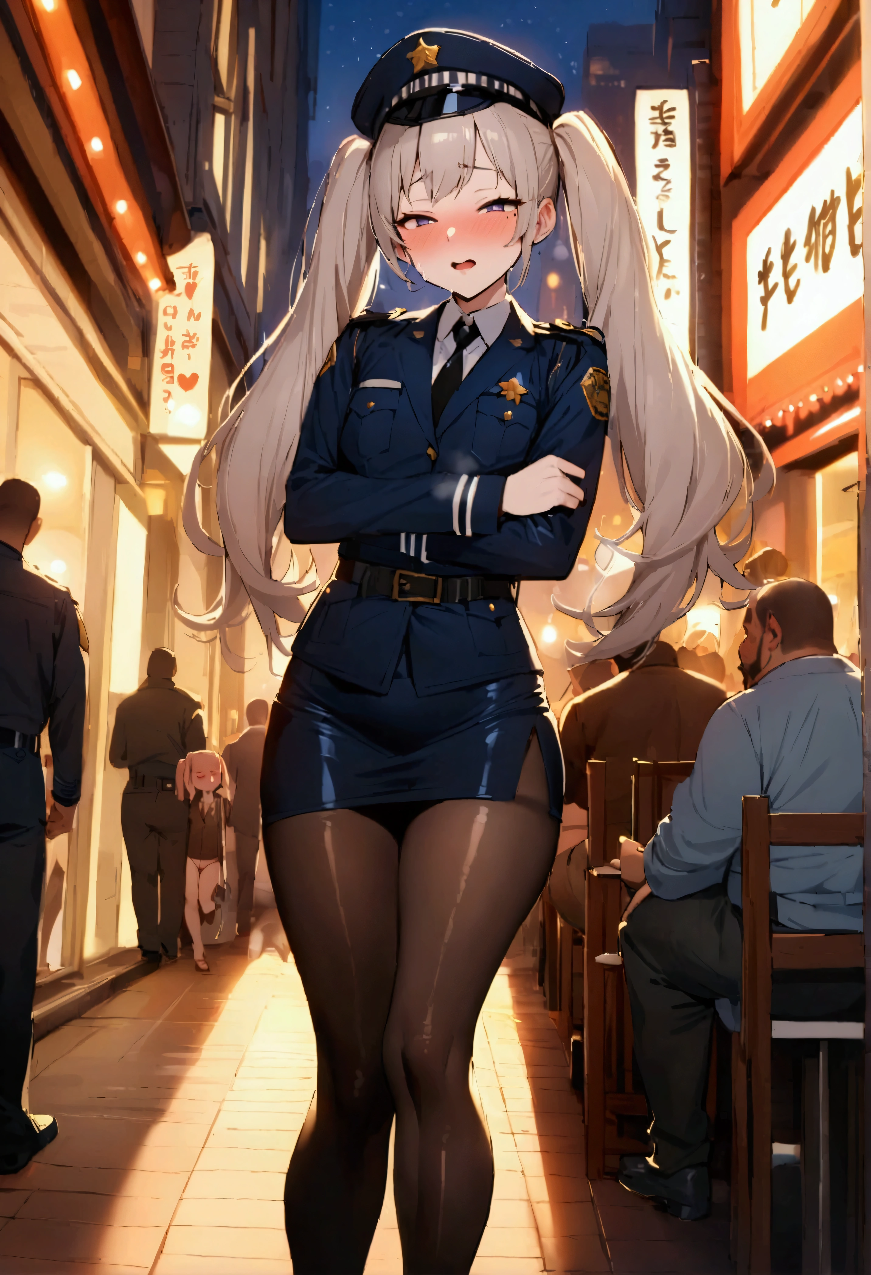 NSFW,masterpiece,Highest quality,High resolution,Very detailed,Girl,Young face,mole,Short height,Police Officer,hat,mini skirt,Pencil Skirt,pantyhose,Heel,Nightlife