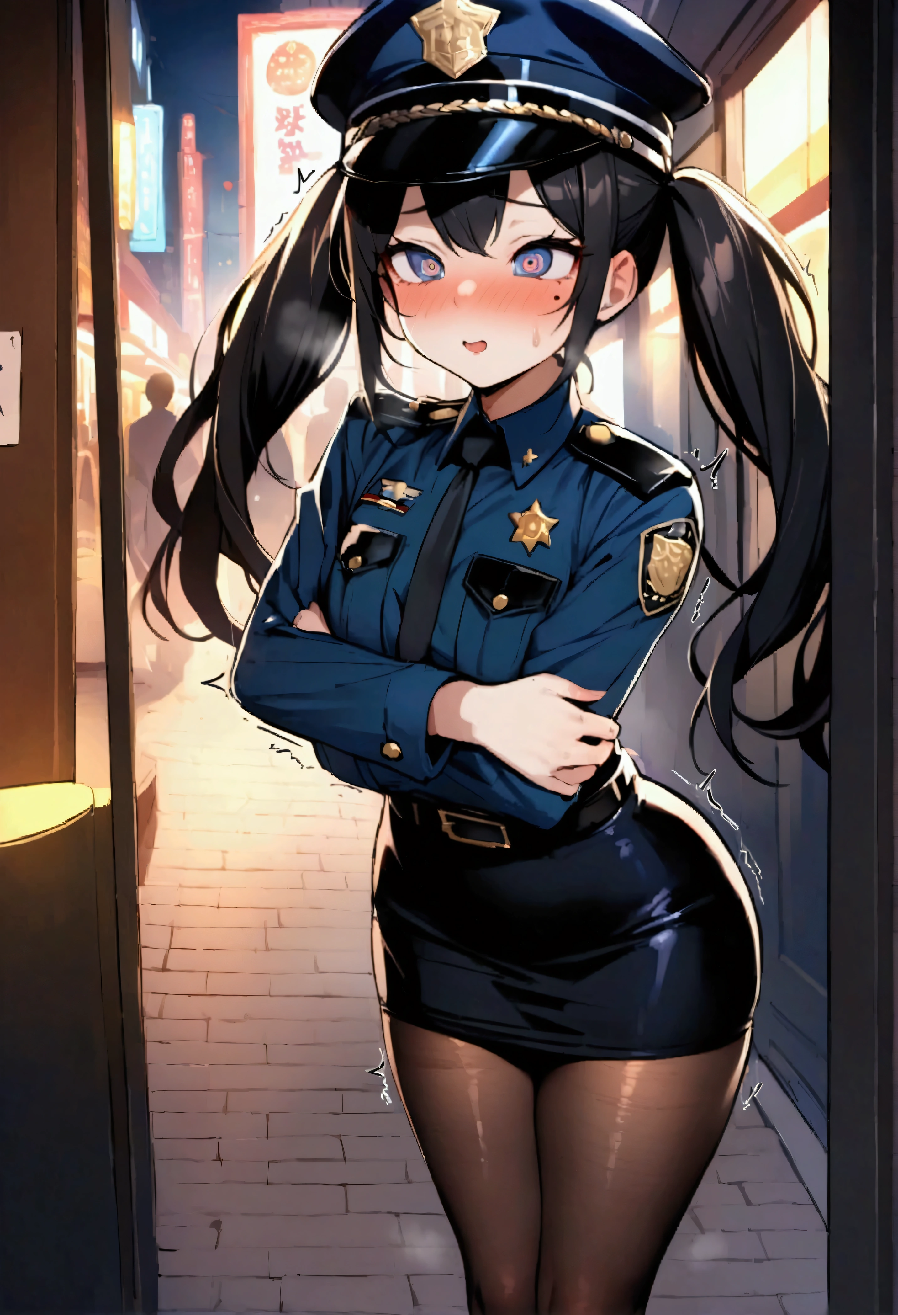 NSFW,masterpiece,Highest quality,High resolution,Very detailed,A timid woman,Police Officer,policewoman,hat,mini skirt,Pencil Skirt,Fishnet tights,Heel,Anxious face,Downtown at night,Street lamp,In town,Tour,patrol