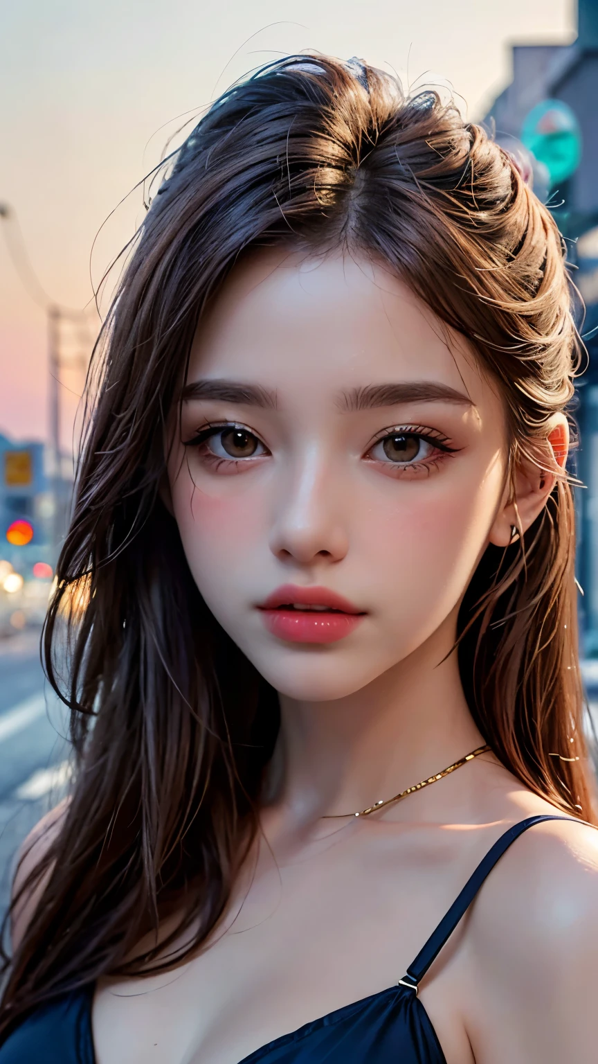 Black Swimsuit, Long Hair, highest quality, masterpiece, Ultra-high resolution, (Realistic:1.4), RAW Photos, One Girl, Off the shoulder, In the Dark, Deep Shadow, Moderate, Golden Ratio, roadside,walk, 20-year-old,Cute Face, Slightly larger breasts, (head shot:1.5)
